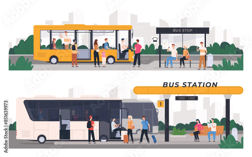 Bus stop. Public transport of people. City and intercity bus transportation. Tourist trips. Vector illustration