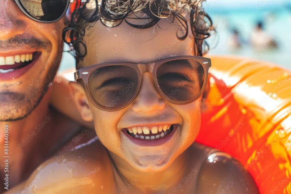 Joyful summer day at the beach with smiling child and parent Joyful summer day at the beach with smiling child and parent