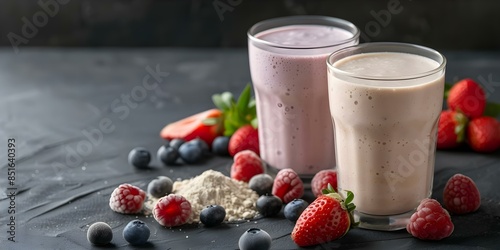 Craft protein shakes with protein powder fresh fruits for postworkout fuel. Concept Protein Shakes, Protein Powder, Fresh Fruits, Post-Workout Fuel, Healthy Nutrition