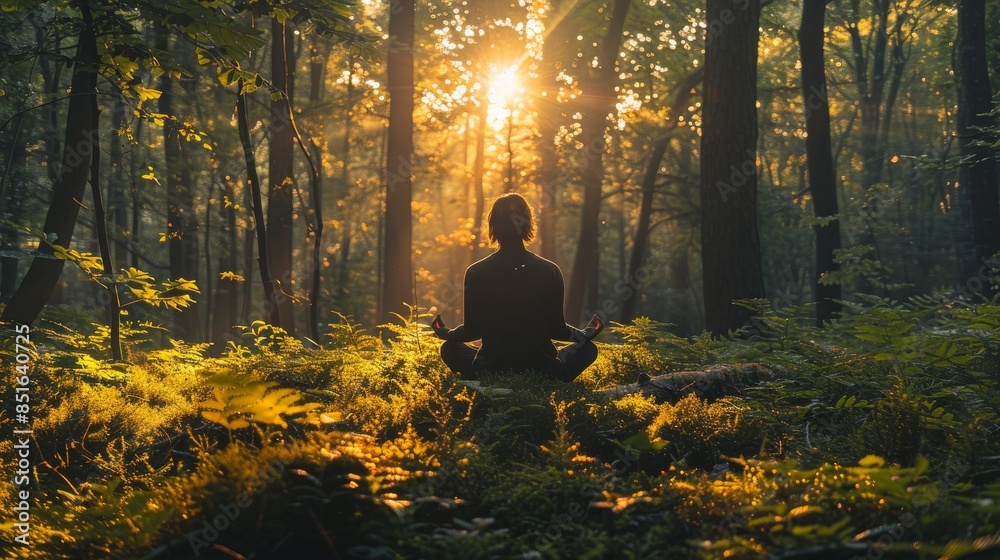 Serene image of an individual meditating in a sunlit forest, depicting tranquility, mindfulness, and connection with nature Serene image of an individual meditating in a sunlit forest, depicting tranquility, mindfulness, and connection with nature