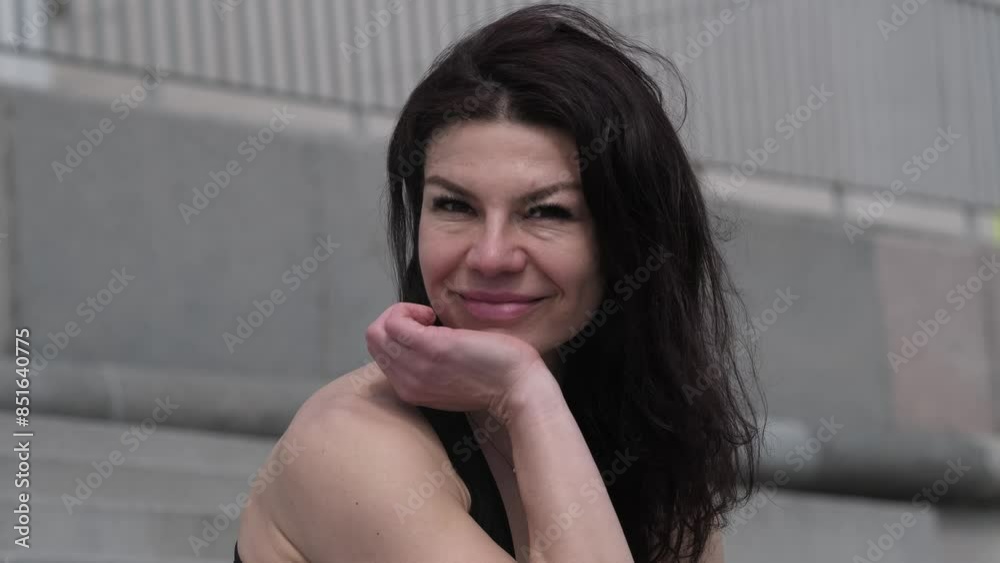 woman with dark hair smiles warmly, her hair gently blowing in the wind against a city backdrop. This captures a moment of genuine happiness, reflecting modern urban life and everyday joy. woman with dark hair smiles warmly, her hair gently blowing in the wind against a city backdrop. This captures a moment of genuine happiness, reflecting modern urban life and everyday joy.