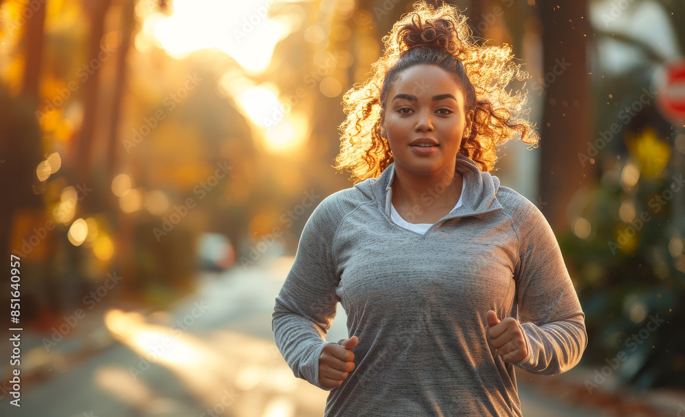 Woman Running in Golden Hour. A woman with curly hair runs down a street at sunset, her face illuminated by the golden light. Woman Running in Golden Hour. A woman with curly hair runs down a street at sunset, her face illuminated by the golden light.