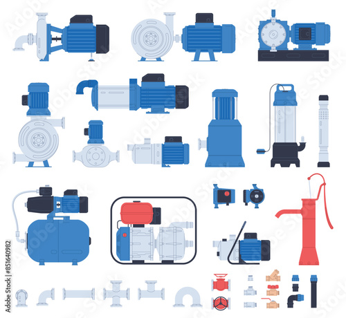 Water pumps. Water and liquid pumping. Technical equipment for water stations. Water pipes. Vector illustration