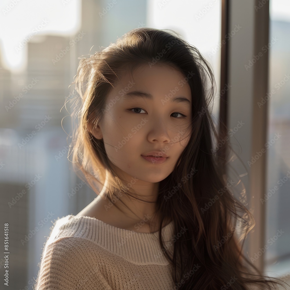Natural light portrait of a young Asian woman next to a window, the light accentuating her flawless skin against a blurred city background. Natural light portrait of a young Asian woman next to a window, the light accentuating her flawless skin against a blurred city background.