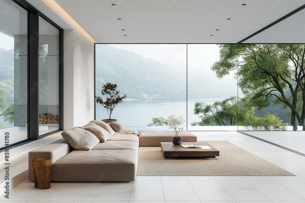 Fototapeta premium Contemporary Serenity: Lakeside Living Room with Panoramic View