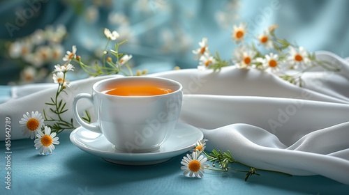 A serene setting with a white tea cup amidst chamomile blossoms on a silky fabric