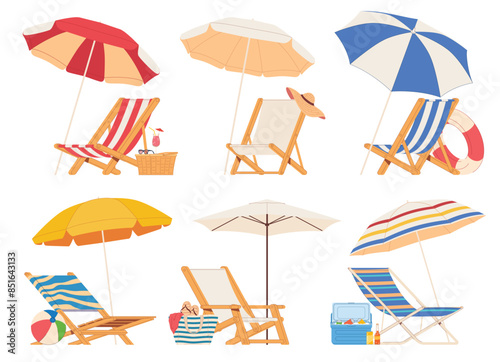 Beach chair lounger with umbrella. Summer vacation by the sea. Warm summer sunny days on vacation. Vector illustration