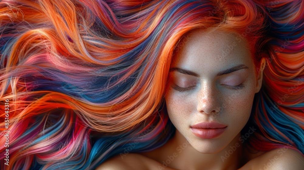 A captivating woman with vibrant multi-colored hair and freckles in a dreamy state A captivating woman with vibrant multi-colored hair and freckles in a dreamy state