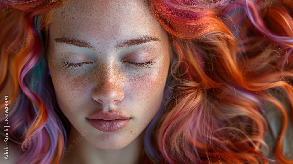 Tranquil image of a peaceful red-haired woman with eyes shut, lying amid colorful swirls of her hair