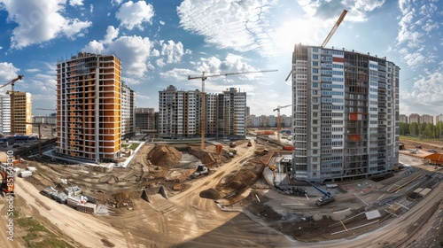 panoramic view of a construction site showing the progress of multiple buildings being developed