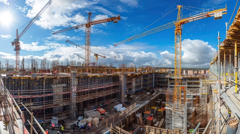 panoramic view of a large construction site, showing cranes, scaffolding, and building frames panoramic view of a large construction site, showing cranes, scaffolding, and building frames