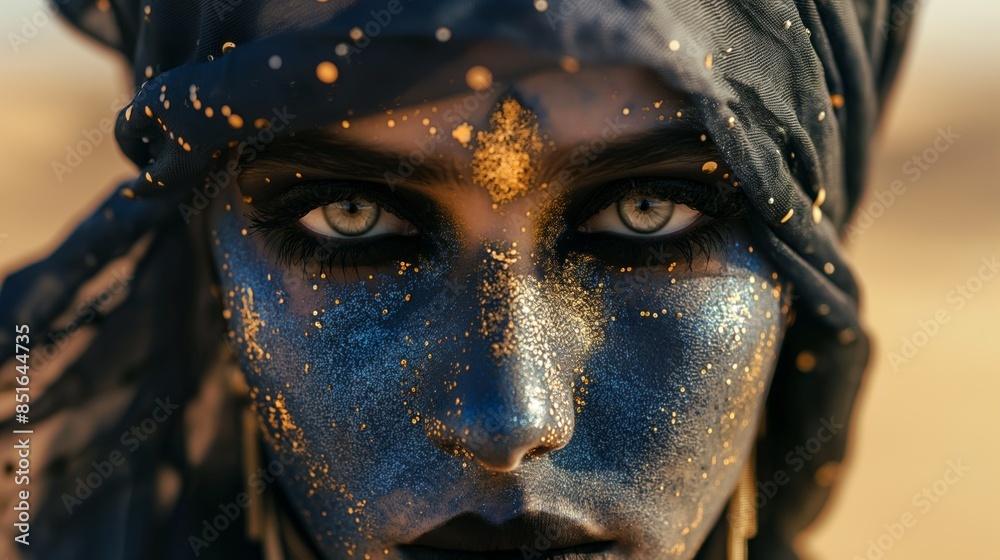Arab woman with golden makeup portrait in desert, cinematic. Arab woman with golden makeup portrait in desert, cinematic.