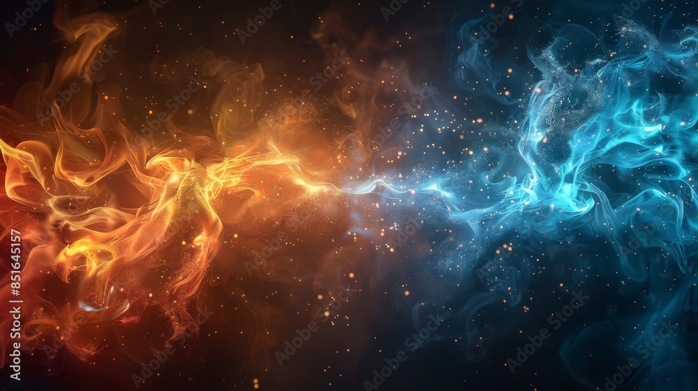 An abstract concept art illustrating fire and ice energies colliding with sparkling particles in the mix An abstract concept art illustrating fire and ice energies colliding with sparkling particles in the mix