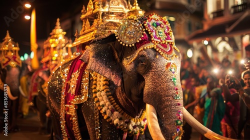 A beautifully adorned elephant parades through a vibrant street during a night festival, showcasing cultural traditions and celebration. photo