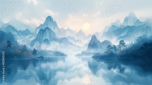 Chinese painting, landscape painting, ancient style architectural landscapes