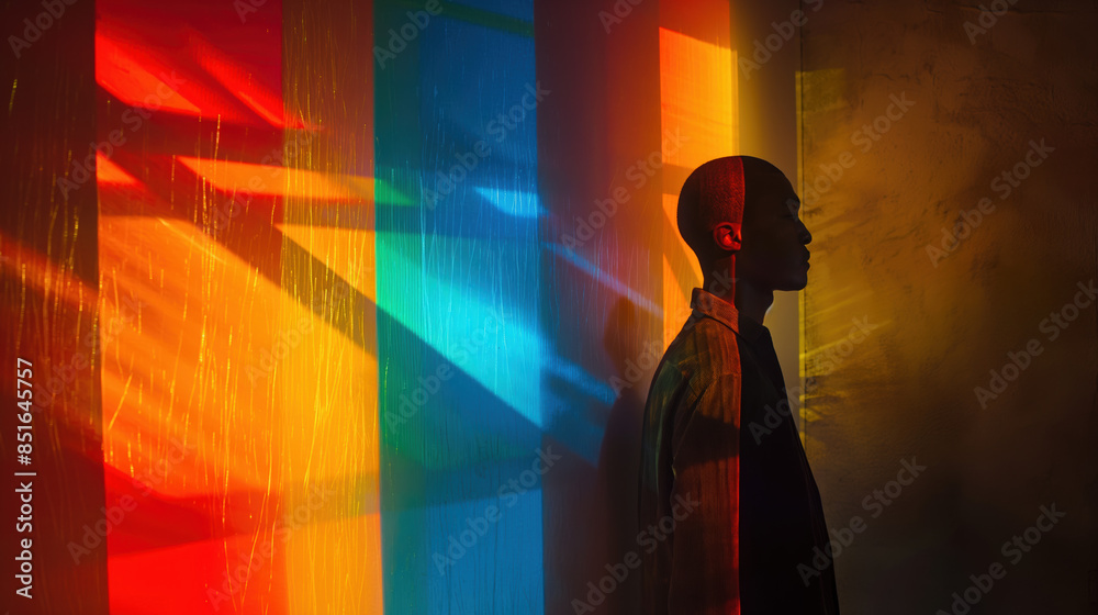 Silhouette of Man Against a Wall with Vibrant Rainbow Light Projections in an Artistic Setting

