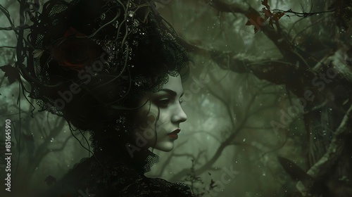 A beautiful woman with long black hair and a black lace dress stands in a dark forest. She is wearing a headdress made of branches and leaves. photo