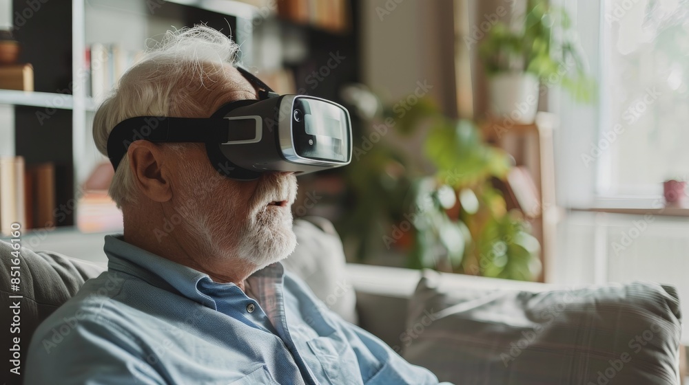 Senior man exploring the world through virtual reality glasses, sitting on his couch Senior man exploring the world through virtual reality glasses, sitting on his couch