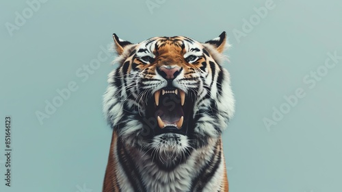 A close-up of a tiger's face. The tiger is roaring and its teeth are bared. The background is a light blue color. photo