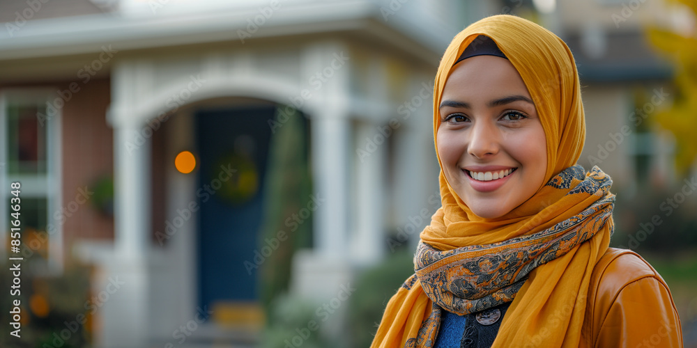 Professional hijabi real estate agent with a smile, in front of a house