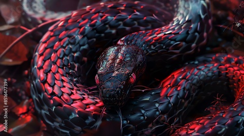 A dark snake with red eyes is coiled up and ready to strike. Its scales are glistening in the light, and its forked tongue is flickering. photo