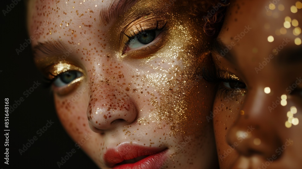 Contrasting profiles of two models covered with gold with dark backdrop. Contrasting profiles of two models covered with gold with dark backdrop.