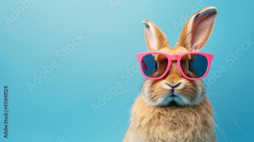 A stylish orange rabbit sporting pink sunglasses for a high - spirited and fashionable statement on a blue backdrop