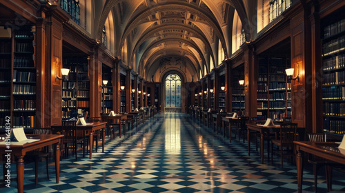 Grand, elegant library with high ceilings, arched windows, and long rows of bookshelves, illuminated by warm lights..