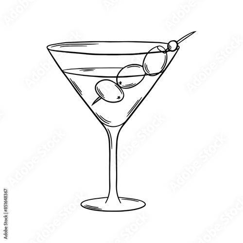 Martini Cocktail black and white outline vector illustration. Bar drink line art. Engraving style. Line drawing