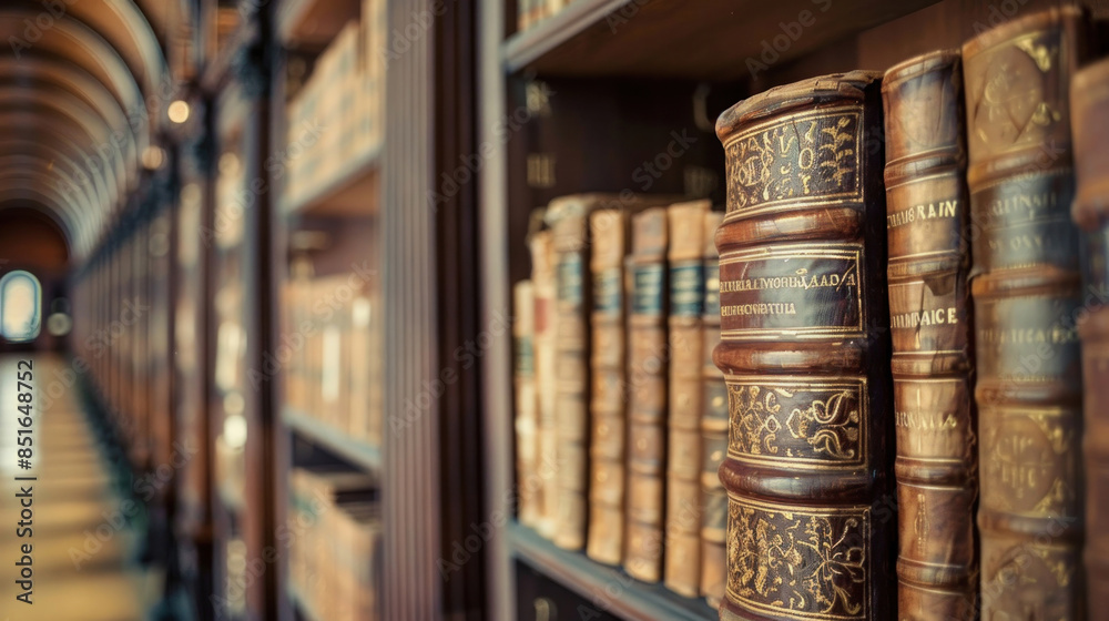 Rows of antique books with ornate spines in a grand, arched library hallway. Rows of antique books with ornate spines in a grand, arched library hallway.