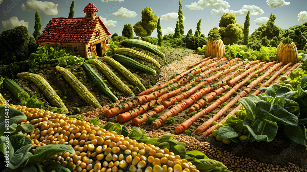 Fototapeta premium Whimsical Food Art Depicting a Farm Scene with Bread Barn, Carrot and Cucumber Crops, and Corn Field
