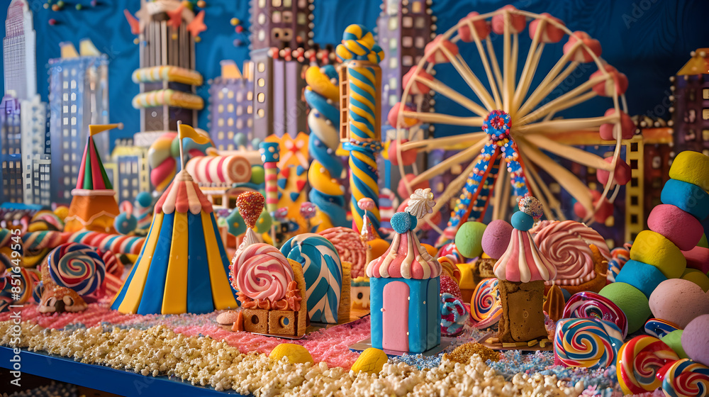 Obraz premium Sweet Carnival Delight: Colorful Dessert Spread with Candy Ferris Wheels, Marshmallow Tents, and Popcorn Ground Against Chocolate Buildings Backdrop