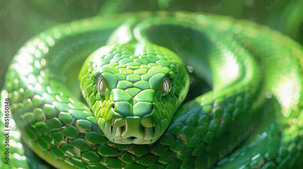 Fototapeta premium A beautiful bright green snake facing the camera.