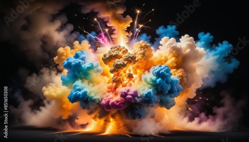 A stunning AI-generated image featuring an explosive burst of smoke in golden and multicolored hues, accented with dynamic sparks. This vibrant and dramatic scene is perfect for creative projects, mar