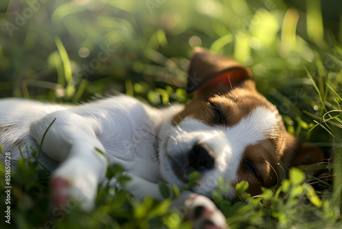 Mixed breed adorable cute little puppy lying twisted in green grass on a sunny spring day ,Beagle dog lying down in shade on grass hiding from summer sun  Summer background
