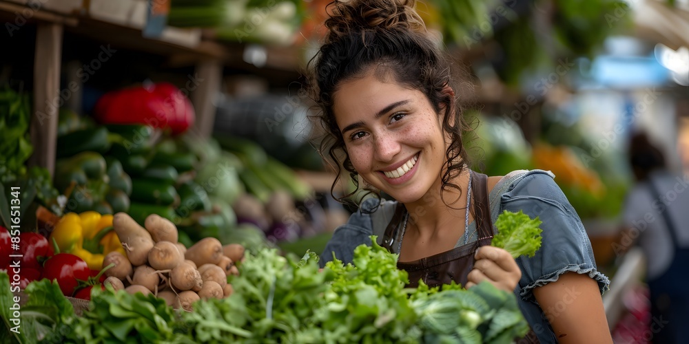 Obraz premium American woman selling vegetables at a bustling market, capturing the essence of local trade and community.