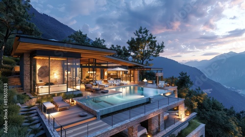 Blueprints of a luxurious mountaintop retreat with panoramic views and eco-friendly design