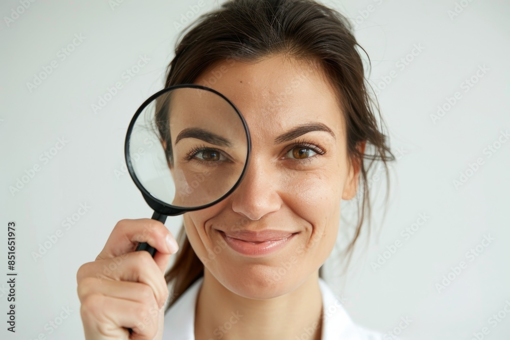 A woman is holding a magnifying glass up to her face and smiling A woman is holding a magnifying glass up to her face and smiling