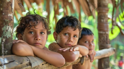 Curious Amazonia tribe children latin. Culture face © Usman