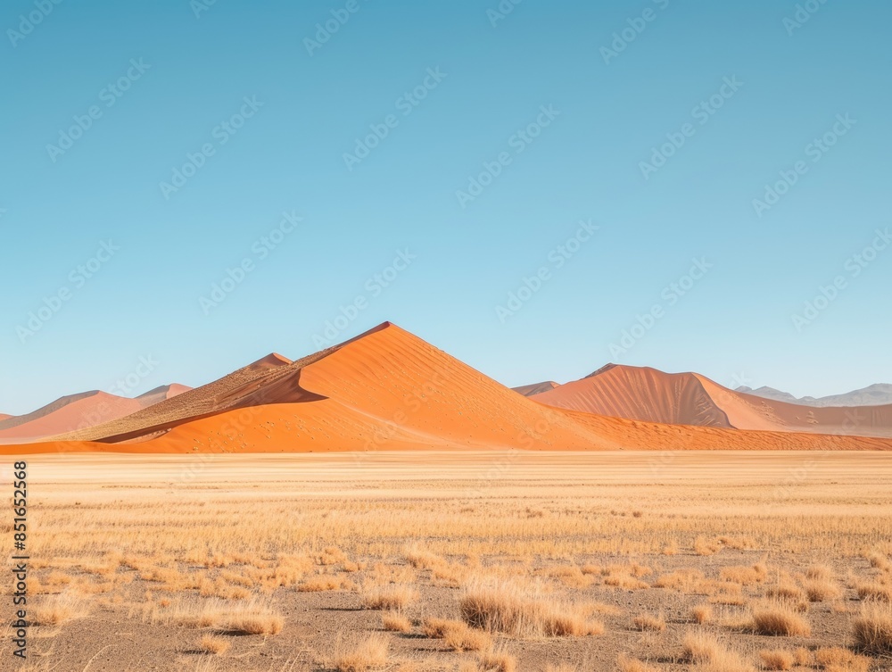 A stunning panorama of the iconic red sand dunes of Sossusvlei in Namibia, the tallest sand dunes in the world. The dunes rise up against a clear blue sky, creating a dramatic and awe-inspiring scene. A stunning panorama of the iconic red sand dunes of Sossusvlei in Namibia, the tallest sand dunes in the world. The dunes rise up against a clear blue sky, creating a dramatic and awe-inspiring scene.