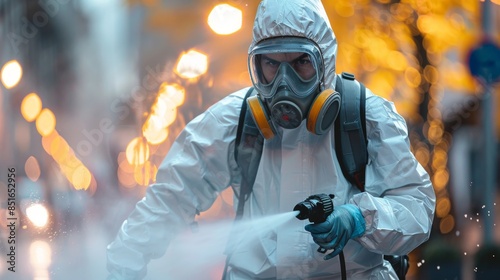 An individual in a white hazmat suit is actively spraying a substance, likely to decontaminate an area as a safety procedure photo