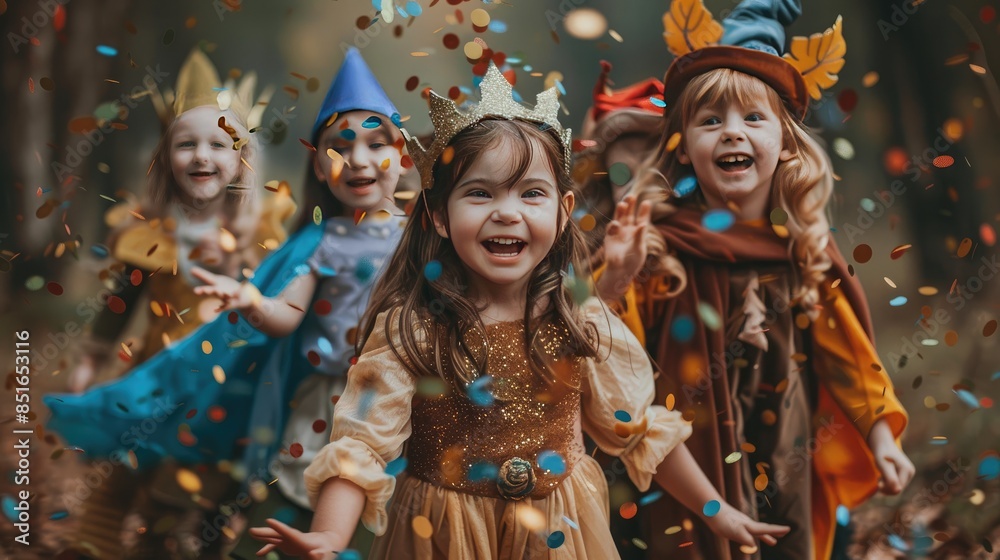 Children dressed in colorful costumes celebrating and playing together in a forest filled with confetti during a magical event Children dressed in colorful costumes celebrating and playing together in a forest filled with confetti during a magical event
