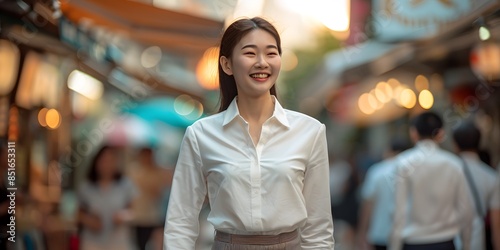 Portrait of an Asian beauty in a white shirt during the evening commute, capturing the essence of modern professionalism