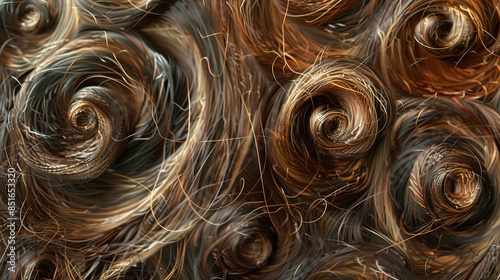 Abstract close-up of swirling patterns in various shades of brown and gold, creating a mesmerizing and intricate textured background. photo