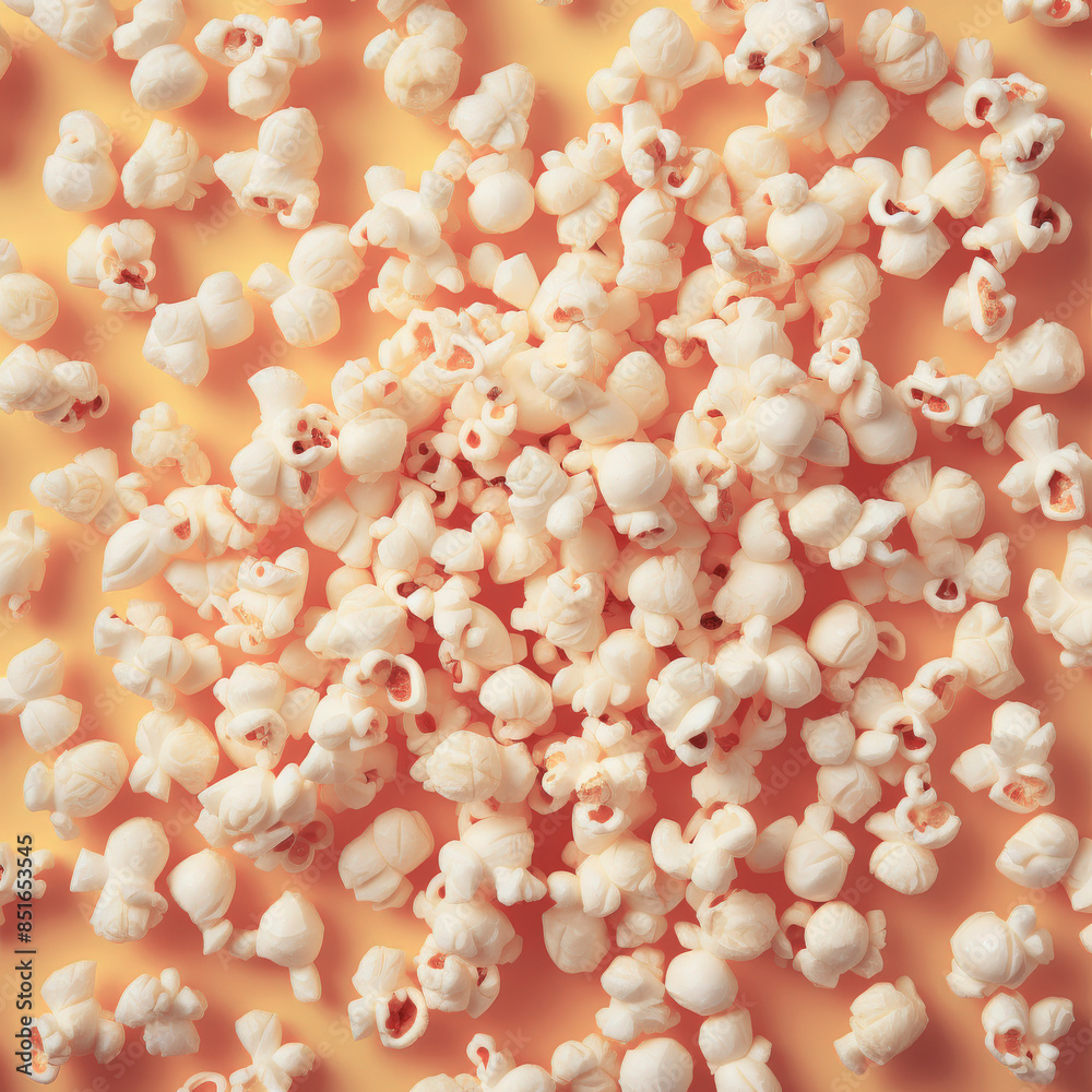 Top view of background covered with cooked popcorn light surface, creating classic movie Top view of background covered with cooked popcorn light surface, creating classic movie