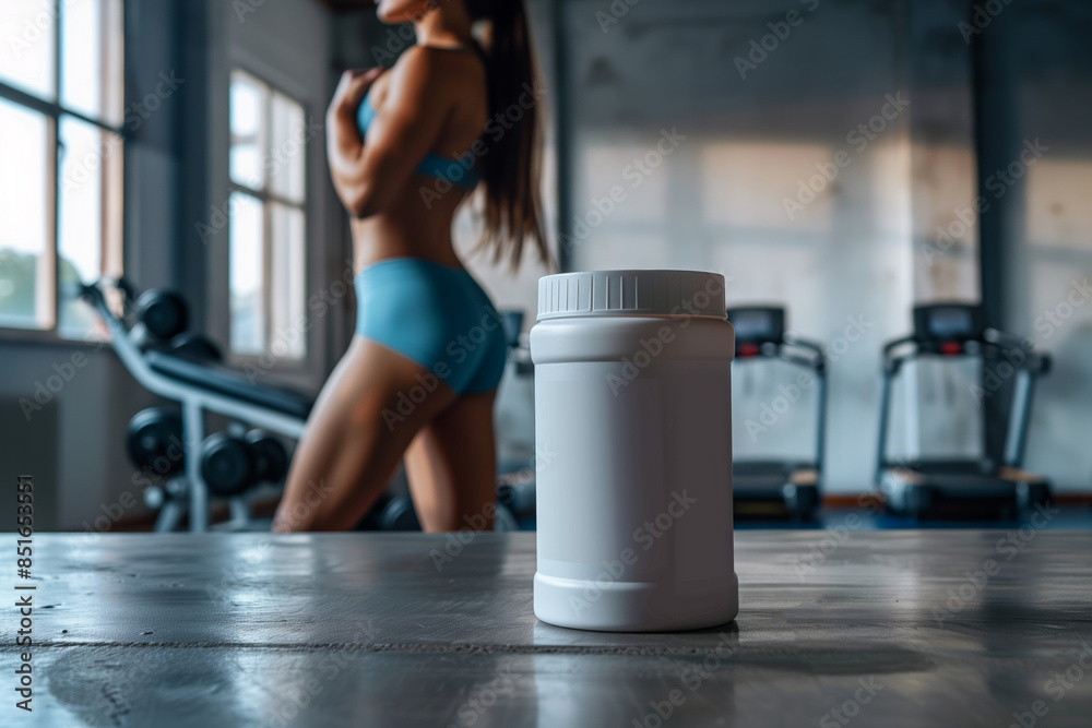 Naklejka premium White protein powder container in a fitness gym with a woman in the background