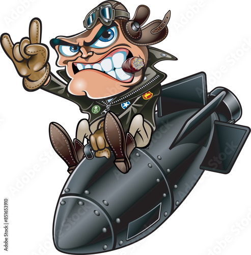 vector illustration of aviator riding on a falling air bomb 