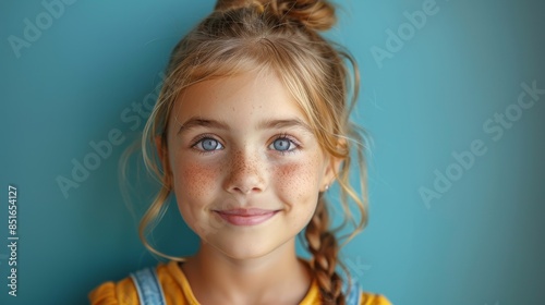 A radiant young girl with braided hair smiles gently against a solid blue background, exuding charm and innocence photo