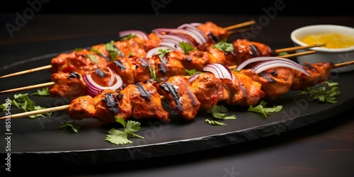 Delicious Indian Tandoori Chicken Skewers A Spicy and Flavorful Dish. Concept Indian Cuisine, Tandoori Chicken, Spicy and Flavorful, Skewer Recipe, Delicious Dish