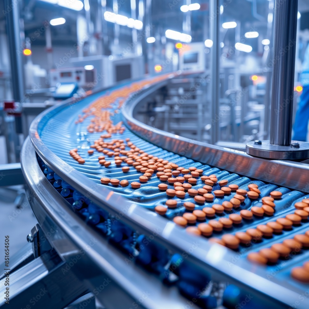 Fototapeta premium Conveyor belt in a pharmaceutical factory with orange tablets sorting and processing under bright lights and modern machinery.
